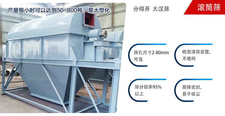 滾筒篩分開放式,封閉式兩種選擇無塵篩分。無軸滾筒：適用生活垃圾等一些有一定纏繞性物料;有軸滾筒：適用石料，砂土等含水量較少的物料