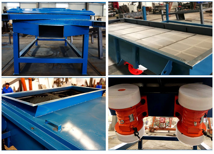 方形振動篩出料口，篩網(wǎng)和網(wǎng)架，進料口，振動電機等細節(jié)展示。