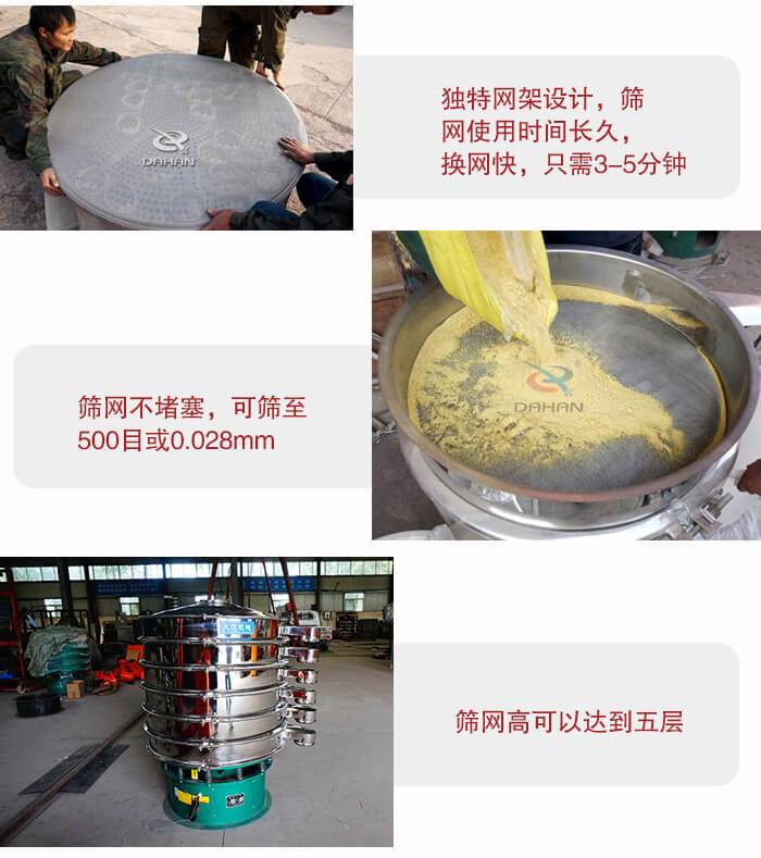 三次元振動(dòng)篩的特點(diǎn)：篩網(wǎng)使用時(shí)間長(zhǎng)換讓時(shí)間短，篩網(wǎng)不堵塞，可篩至500目或0.028mm。