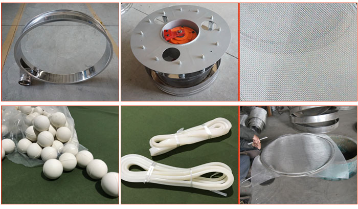 800型全不銹鋼振動篩配件有：振動篩篩框，電機(jī)，不銹鋼篩網(wǎng)等。