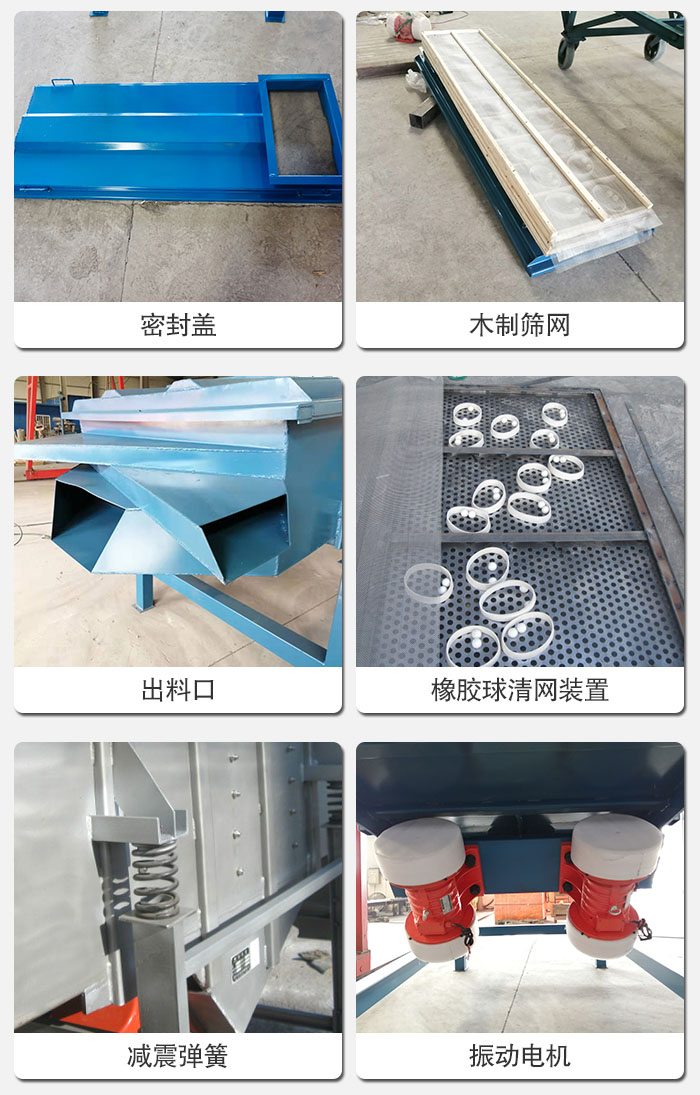 直線(xiàn)篩結(jié)構(gòu)展示：篩網(wǎng)，篩箱，振動(dòng)電機(jī)，振動(dòng)電機(jī)座，減震彈簧，支架等部件展示圖
