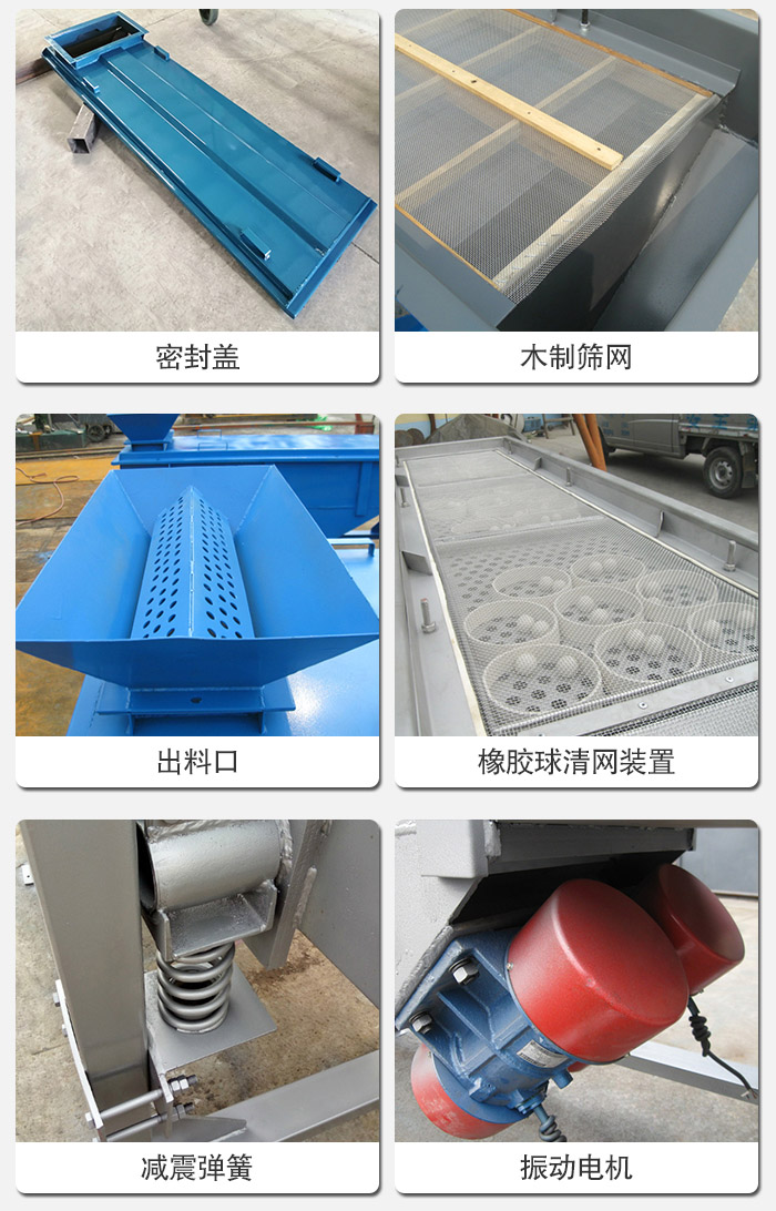 直線篩分機(jī)的結(jié)構(gòu)展示圖：篩箱是物料主要篩分設(shè)備之一，篩網(wǎng)用于篩分物料，振動(dòng)電機(jī)幫助篩網(wǎng)篩分。