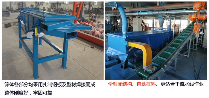 直線篩分機(jī)篩體各部分均采用扎制鋼板及型材焊接而成整體剛度好，牢固可靠；全封閉結(jié)構(gòu)、自動(dòng)排料、更適合于流水線作業(yè)。