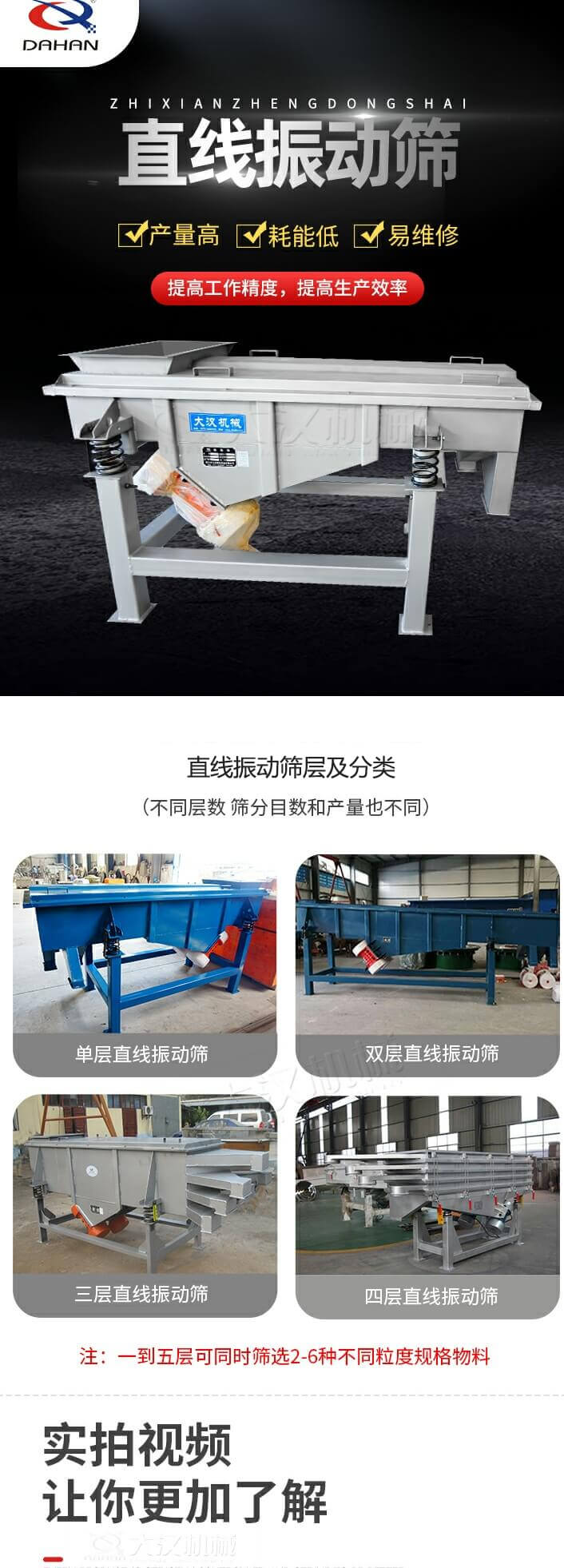 直線振動篩概述，產(chǎn)量高，耗能低，易維修，提高工作精度，提高生產(chǎn)效率，直線振動篩層級分類：不同層數(shù)，篩分目數(shù)和產(chǎn)量也不同：單層，雙層，三層，四層等。