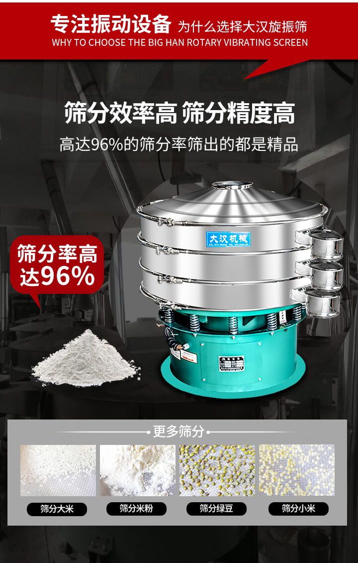 旋振篩結(jié)構：進料口，網(wǎng)架，防塵蓋，出料口，加重塊，束環(huán)，上部重錘，彈簧，下部重錘等。