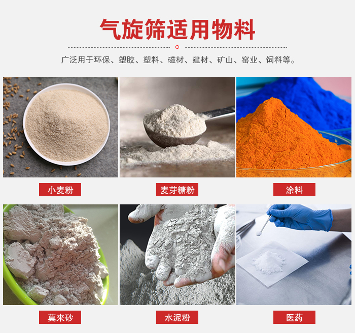 氣旋篩適用物料：小麥粉，麥芽糖粉，涂料，等粉狀物料。