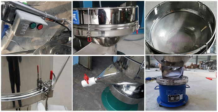 過濾篩細(xì)節(jié)展示：控制開關(guān)，篩框，出料口閥門，底座等